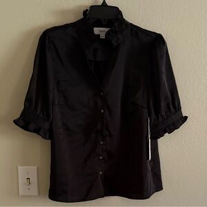 CECE ACADEMY SHORT SLEEVE RUFFLED COLLAR & SLEEVES BLOUSE BLACK - S